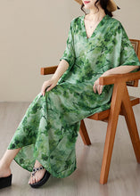 Load image into Gallery viewer, Vintage Green V Neck Print Maxi Beach Dress Short Sleeve