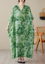 Load image into Gallery viewer, Vintage Green V Neck Print Maxi Beach Dress Short Sleeve