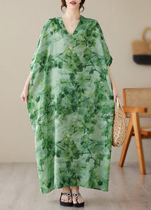 Vintage Green V Neck Print Maxi Beach Dress Short Sleeve