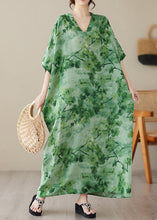 Load image into Gallery viewer, Vintage Green V Neck Print Maxi Beach Dress Short Sleeve