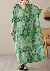 Vintage Green V Neck Print Maxi Beach Dress Short Sleeve