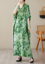 Load image into Gallery viewer, Vintage Green V Neck Print Maxi Beach Dress Short Sleeve