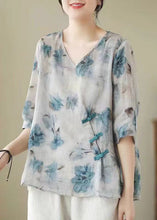 Load image into Gallery viewer, Vintage White V Neck Print Chinese Button Patchwork Linen Blouse Top Summer