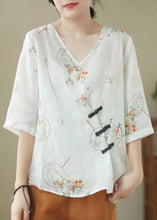 Load image into Gallery viewer, Vintage White V Neck Print Chinese Button Patchwork Linen Blouse Top Summer