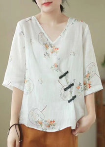 Vintage White V Neck Print Chinese Button Patchwork Linen Blouse Top Summer