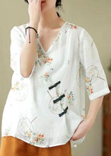 Load image into Gallery viewer, Vintage White V Neck Print Chinese Button Patchwork Linen Blouse Top Summer