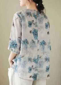 Vintage White V Neck Print Chinese Button Patchwork Linen Blouse Top Summer