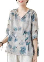 Load image into Gallery viewer, Vintage White V Neck Print Chinese Button Patchwork Linen Blouse Top Summer