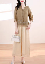 Load image into Gallery viewer, Vintage Khaki Embroidered Patchwork Linen Two Piece Set Outfits Summer