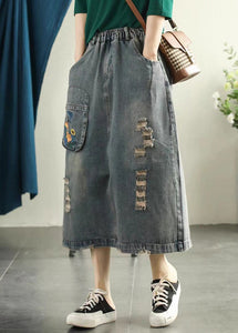 Vintage Light Blue Embroidered Patchwork Cotton Long Skirt Summer