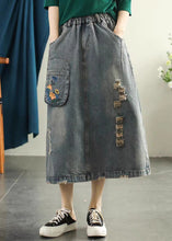 Load image into Gallery viewer, Vintage Light Blue Embroidered Patchwork Cotton Long Skirt Summer