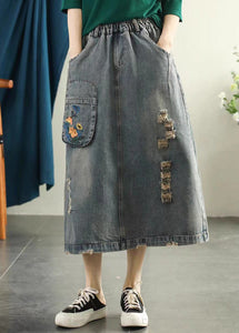 Vintage Light Blue Embroidered Patchwork Cotton Long Skirt Summer