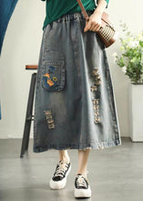 Load image into Gallery viewer, Vintage Light Blue Embroidered Patchwork Cotton Long Skirt Summer