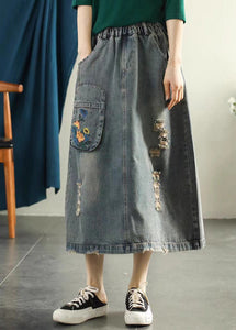 Vintage Light Blue Embroidered Patchwork Cotton Long Skirt Summer