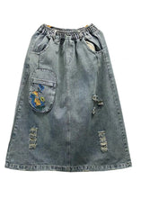 Load image into Gallery viewer, Vintage Light Blue Embroidered Patchwork Cotton Long Skirt Summer