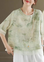 Load image into Gallery viewer, Vintage Light Green O Neck Tasseled Embroidered Linen Shirts Summer