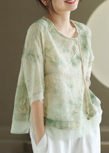 Load image into Gallery viewer, Vintage Light Green O Neck Tasseled Embroidered Linen Shirts Summer