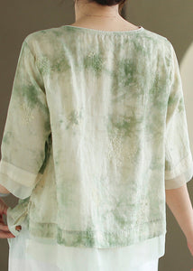 Vintage Light Green O Neck Tasseled Embroidered Linen Shirts Summer