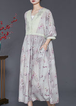 Load image into Gallery viewer, Vintage Light Purple V Neck Print Linen Dress Summer