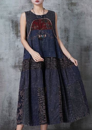 Vintage Navy Patchwork Denim National Style Dresses Spring