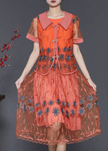 Load image into Gallery viewer, Vintage Orange Embroidered Patchwork Tulle Dresses Two Piece Set Summer