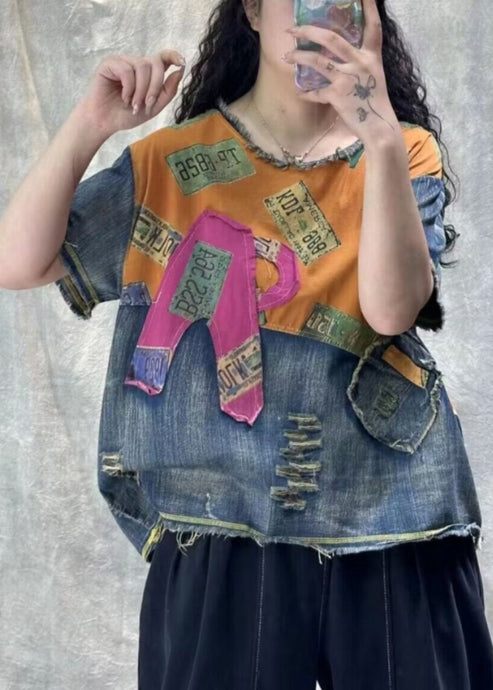 Vintage Orange Print Hole Patchwork T Shirt Denim Summer