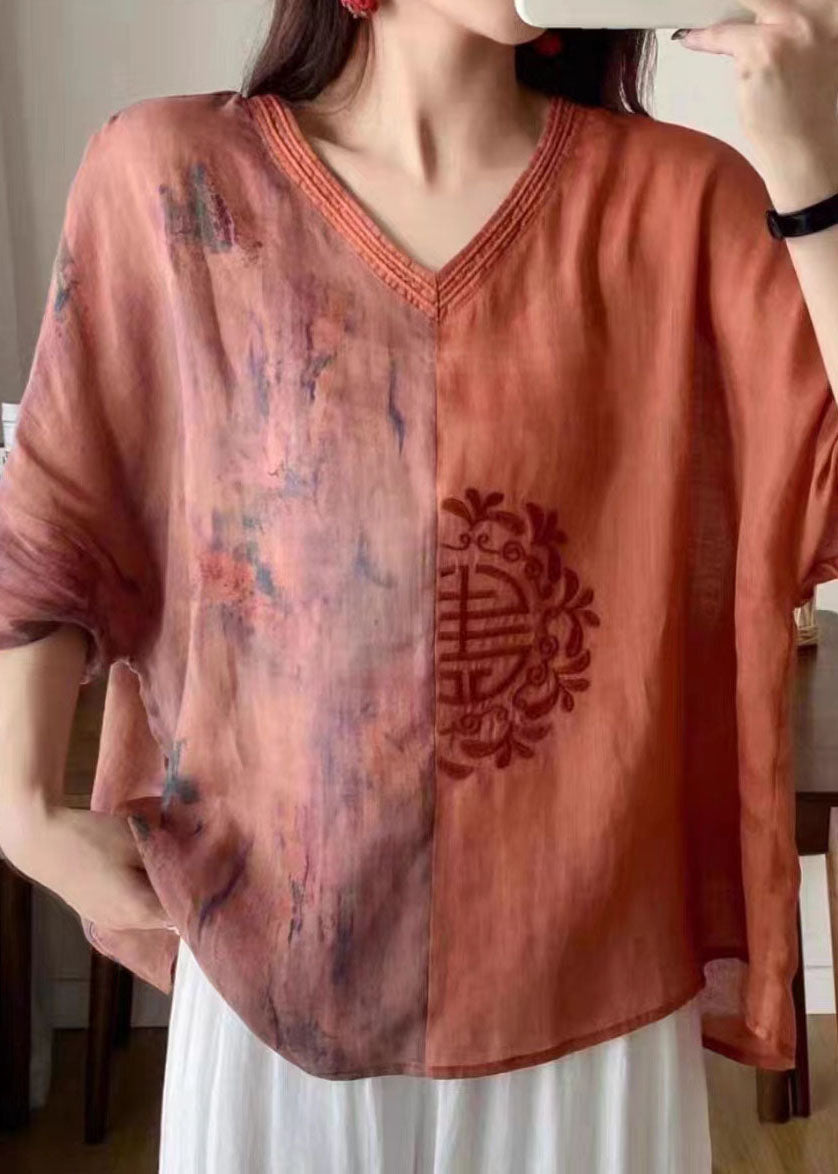 Vintage Orange V Neck Embroidered Print Patchwork Linen Shirt Tops Summer