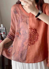 Load image into Gallery viewer, Vintage Orange V Neck Embroidered Print Patchwork Linen Shirt Tops Summer