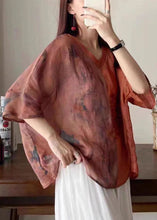 Load image into Gallery viewer, Vintage Orange V Neck Embroidered Print Patchwork Linen Shirt Tops Summer