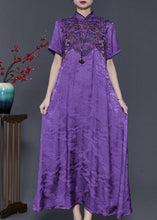 Load image into Gallery viewer, Vintage Purple Embroidered Jacquard Silk Vacation Dresses Summer