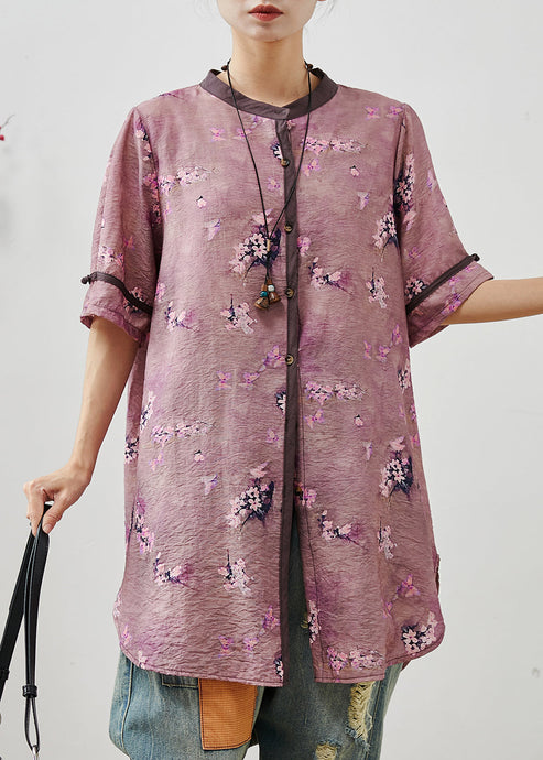 Vintage Purple Floral Linen Long Shirt Summer