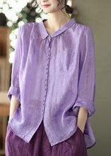 Load image into Gallery viewer, Vintage Purple Peter Pan Collar Button Linen Shirt Long Sleeve