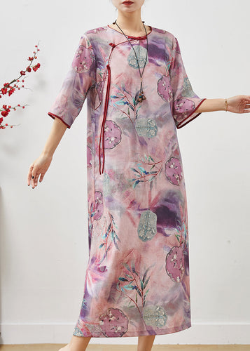 Vintage Purple Tasseled Print Cotton Cheongsam Dresses Summer