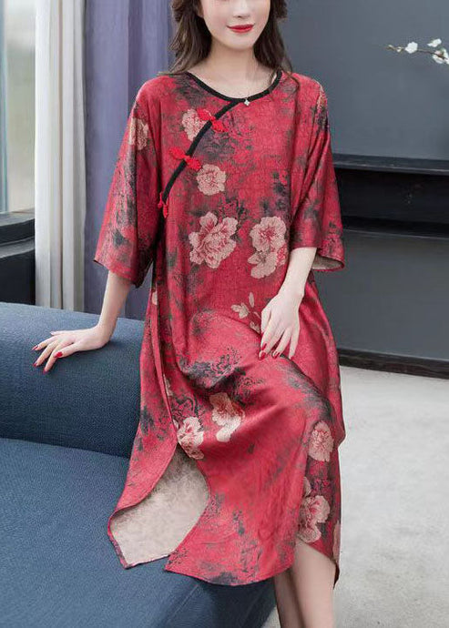 Vintage Red Print Chinese Button Patchwork Chiffon Dresses Summer