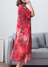 Load image into Gallery viewer, Vintage Red Print Chinese Button Patchwork Chiffon Long Dresses Summer