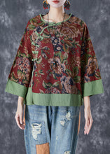 Load image into Gallery viewer, Vintage Red Print Patchwork Chinese Button Linen Fake Two Piece Top Summer