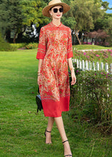 Load image into Gallery viewer, Vintage Red Stand Collar Print Button Patchwork Silk Dress Summer