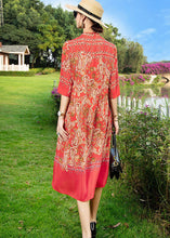 Load image into Gallery viewer, Vintage Red Stand Collar Print Button Patchwork Silk Dress Summer