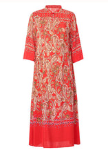 Load image into Gallery viewer, Vintage Red Stand Collar Print Button Patchwork Silk Dress Summer