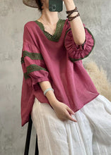 Load image into Gallery viewer, Vintage Rose V Neck Hollow Out Lace Patchwork Linen Tops Lantern Sleeve