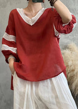 Load image into Gallery viewer, Vintage Rose V Neck Hollow Out Lace Patchwork Linen Tops Lantern Sleeve