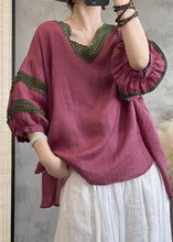 Load image into Gallery viewer, Vintage Rose V Neck Hollow Out Lace Patchwork Linen Tops Lantern Sleeve