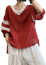 Load image into Gallery viewer, Vintage Rose V Neck Hollow Out Lace Patchwork Linen Tops Lantern Sleeve