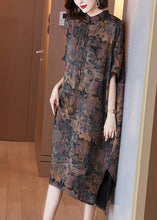Load image into Gallery viewer, Vintage Stand Collar Print Button Side Open Low High Design Silk Maxi Dresses Half Sleeve