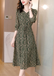 Vintage V Neck Print Drawstring Tie Waist Chiffon Maxi Dress Long Sleeve