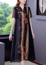 Load image into Gallery viewer, Vintage V Neck Print Patchwork Silk Maxi Dress Short Sleeve