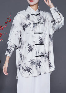 Vintage White Inkwash Painting Print Chinese Button Chiffon Shirt Tops Fall