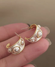 Load image into Gallery viewer, Vintage White Sterling Silver Overgild Pearl C Shaped Hoop Earrings