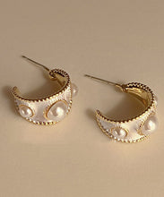 Load image into Gallery viewer, Vintage White Sterling Silver Overgild Pearl C Shaped Hoop Earrings