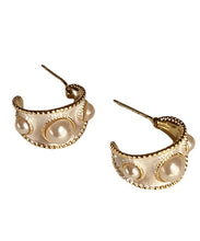 Load image into Gallery viewer, Vintage White Sterling Silver Overgild Pearl C Shaped Hoop Earrings